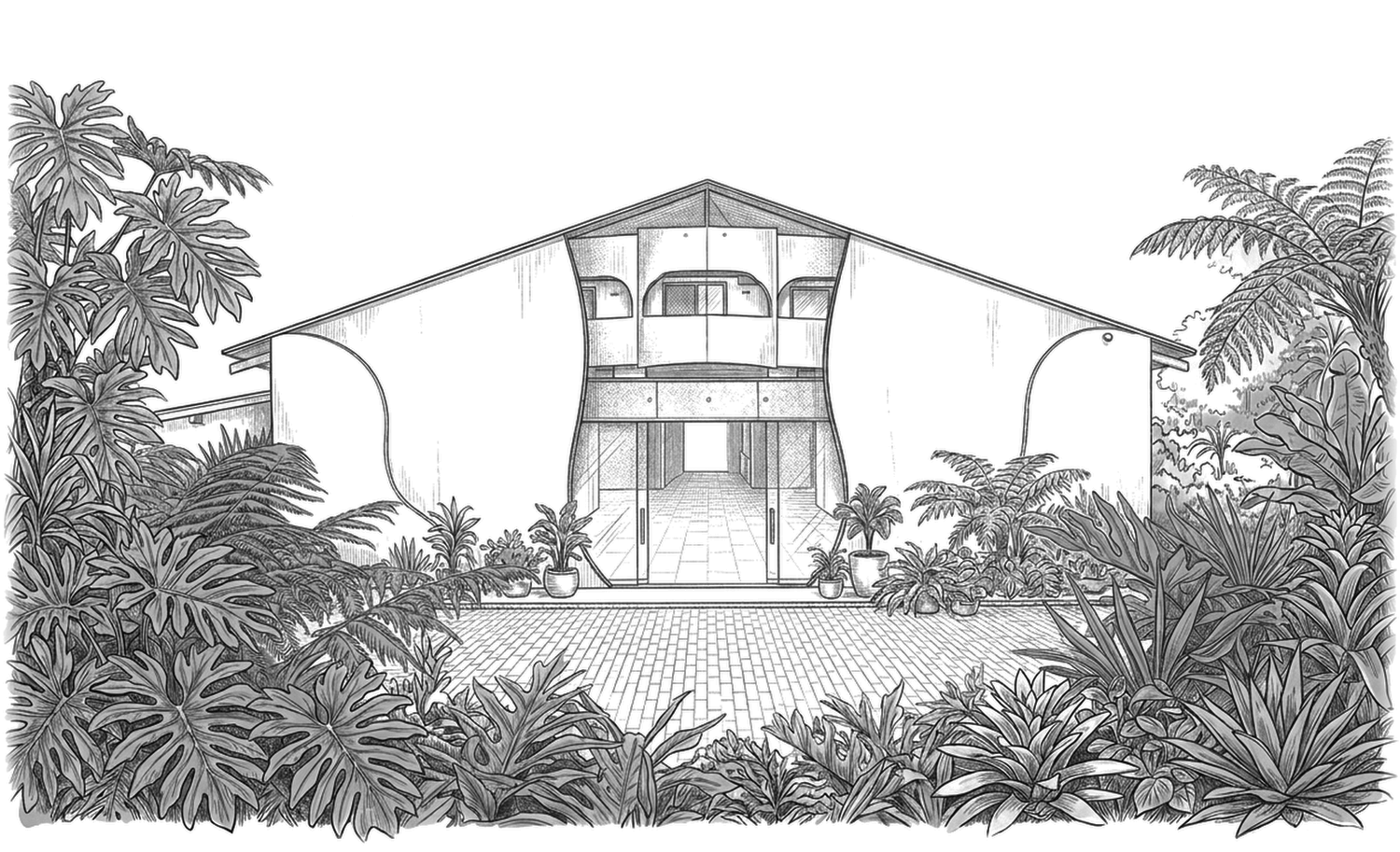 Pencil illustration of Cielo Alto: a modern gabled building with a glass entrance, framed by lush tropical plants